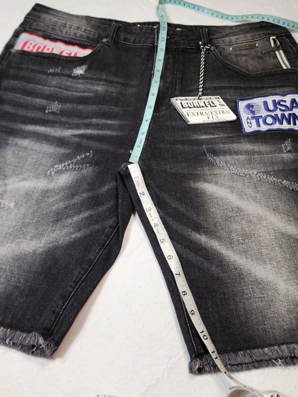Born Fly Mens Size 36 Shorts Denim Distressed Cutout Patch Design Black Wash 04 - Picture 3 of 14